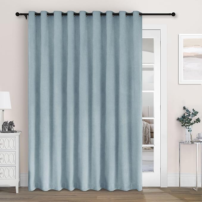 Macochico Extra Wide 100% Blackout Chenille Curtains 100" Wx96 L Thermal Drapes for Sliding Door Living Room Bedroom Auditorium Hotel Light Blue Curtains Grommet Top with Tieback Classic 1 Panel