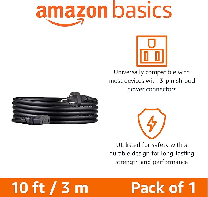 Amazon Basics PC Power Cord, 10 feet, AC Power Cord for Monitor, Computer, TV, 3 Prong, 18 AWG, 125 Volts, Black