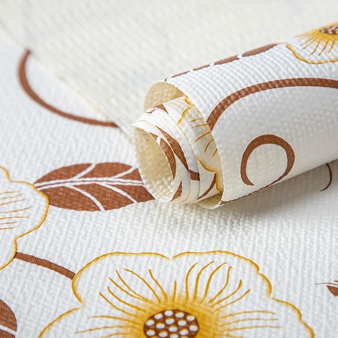 RAY STAR 18X96 Inch Shelf Liner for Kitchen Cabinets, Non-Adhesive Cabinet Liner Washable, PVC Drawer Liner for Dresser Non-Slip Bathroom (Yellow Flower)(5 Roll)