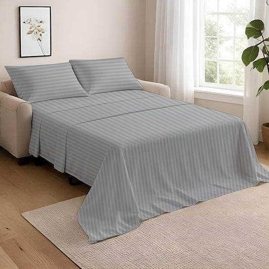 NON Sticky cotton Full Size Sleeper Sofa Sheets, 4 Piece Egyptian Cotton Bed Sheet Set for Sofa Bed, 6" Deep Pocket Fitted Sheet for Pull Out Couch Mattress, 54" x 75", Light Grey Stripe