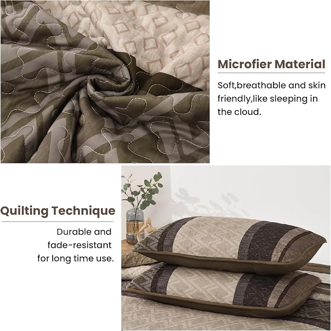 Dinjoy Boho Queen Quilt Set, Striped Bedspread Queen Size, Taupe | 3 Pieces - Image 5