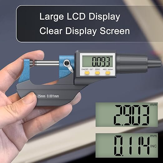 HDLKNAK Digital Micrometer, Outside Micrometer Precision Measuring Tool, 0-1"/0-25 mm, Inch/Metric 0.00005"/0.001 mm, Machinist Thickness Gauge Tool, Large LCD Display