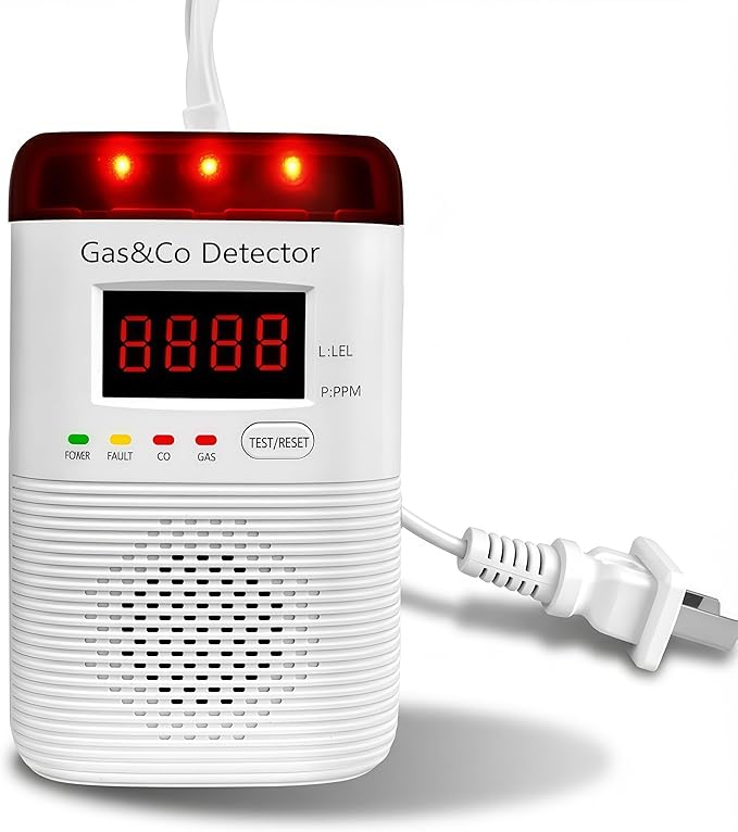 2 in 1 Gas and Carbon Monoxide Detector Plug in with Long Power Cord 85db Alarm Digital Display for Home Kitchen Basement Garage No Drill Wall Mount Installation