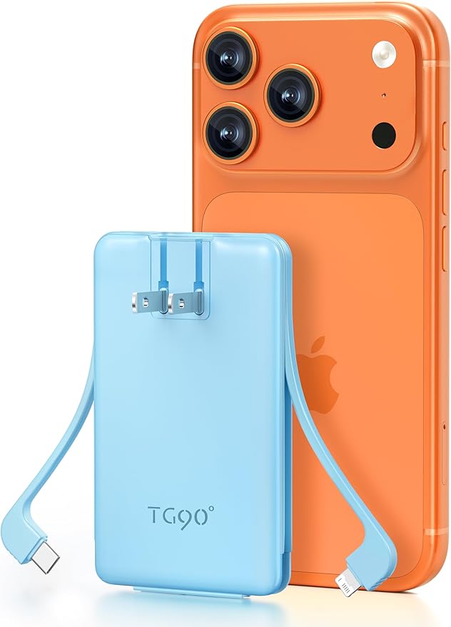 TG90° Portable Charger Built-in AC Wall Plug and Cables, Slim Fast Charging Power Bank 5000mAh, Pocket Size USB C External Battery Pack Compact Travel Charger Compatible with iPhone, Samsung