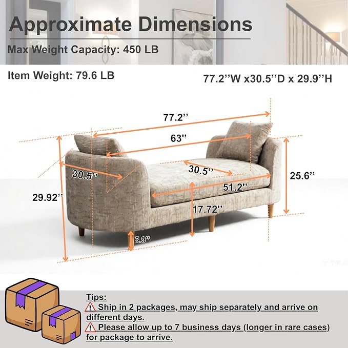 77.2" Oversized Chaise Lounge, Curved Soft End of Bed Bench - Image 2