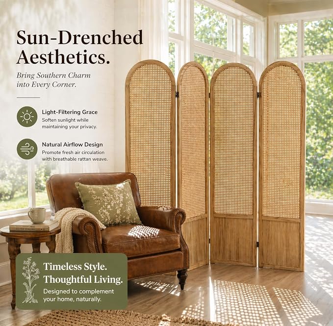 Rattan Room Divider, 4 Panel Folding Room Screen Divider, Natural | Woven - Image 2
