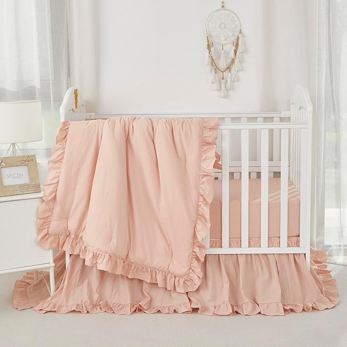 Brandream Boho Bohemian Girl Baby Nursery Crib Bed Skirt Dust Ruffle - Neutral Solid Color Blush Farmhouse Chic 100% Washed Cotton Ruffle