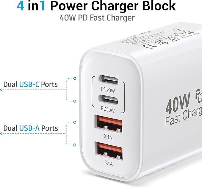 USB C Charger Block, 40W 4 Ports USB-C Wall Charger Plug Fast Charging, for iPhone Charger, QC Multiport Adapter, USB A Type C Box Brick Cube for iPhone 17 16 15 14 13 12 Pro Max, Samsung Galaxy