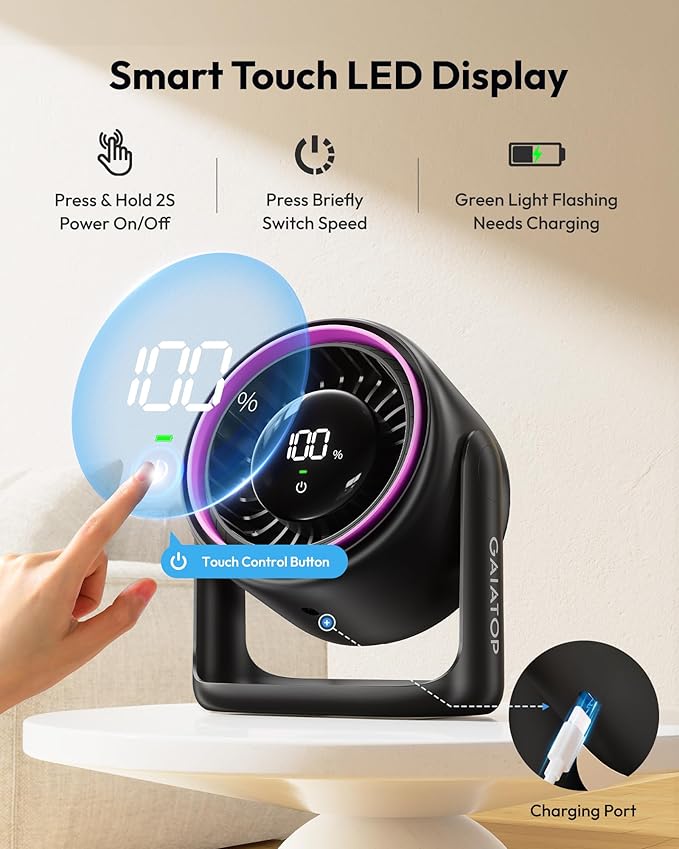 Gaiatop Desk Fan with Touch Control, 4000mAh Battery, 5 Speeds Ultra Quiet Bedroom Fan with LED Display, 90° Tilt, 7.7 In USB-C Rechargeable Desktop Fan for Dorm Office Room Home Office, Black Purple