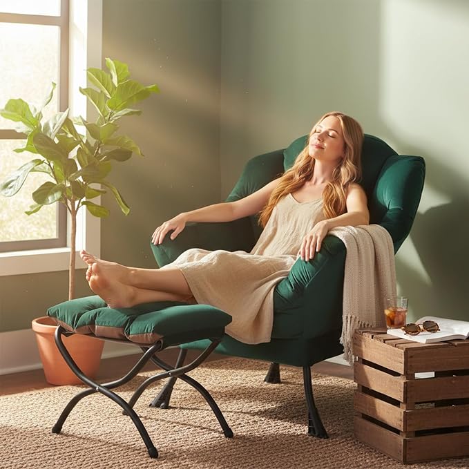 Welnow Lazy Chair with Ottoman, Reading Chair with Footrest, Dark Green | A - Image 7