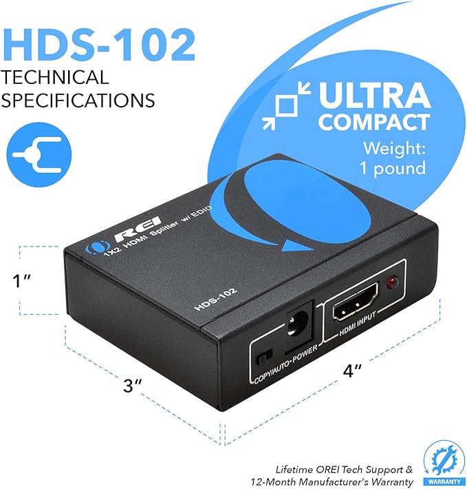 OREI HDMI Splitter 1 in 2 out - Ultra HD 4K @ 30Hz, HDCP, 3D & Full HD 1080P Support for Xbox, PS4, Blu-ray, HDTV - Adapter Included