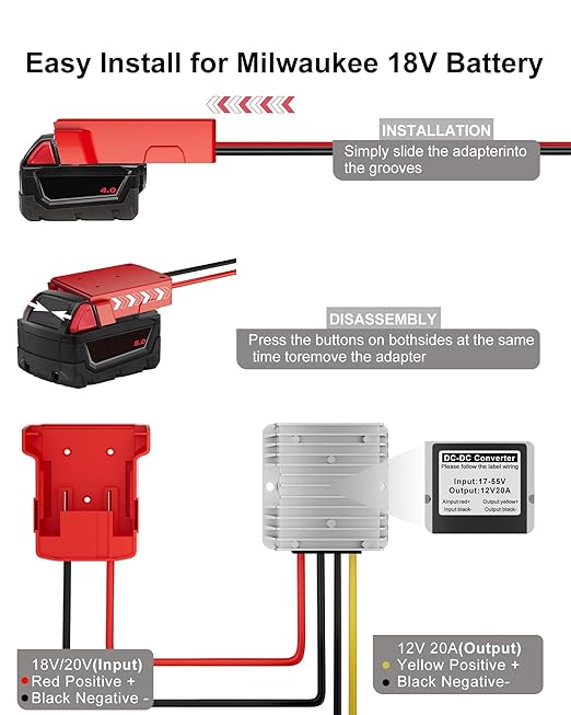 18V to 12V Step Down Converter Aadpter Compatible with Milwaukee M18 Batteries, DC 12 Voltage Battery Power Adapter, Automatic Buck Converter Regulator with Fuse for Golf Cart