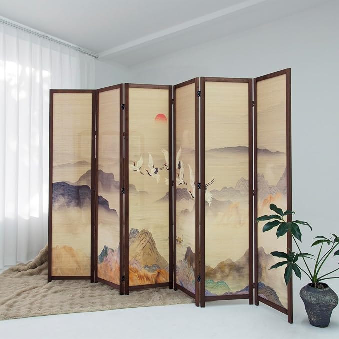 6 Panel Bamboo Room Divider, 5.6 ft Tall Double-Sided Freestanding Folding by Furnnylane