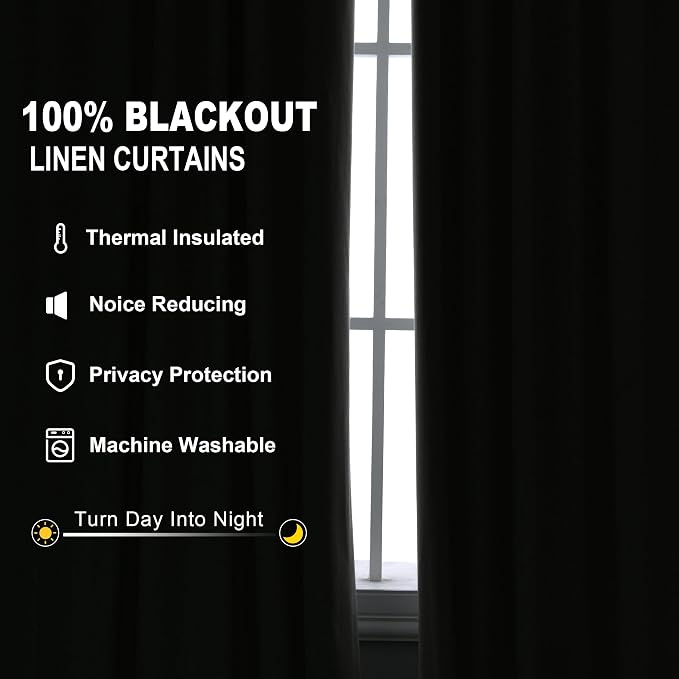 Joywell 100% Blackout Linen Curtains 80 Inches Long - Image 2