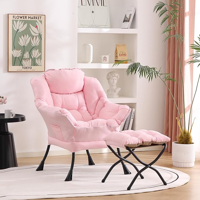 Welnow Lazy Chair with Ottoman, Reading Chair with Footrest，Pink | A Side Pocket - Image 7