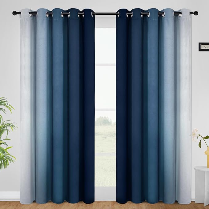 COSVIYA Curtains & Drapes Grommet Ombre Dark Blue Curtains W62 x L96 Inch | - Image 2