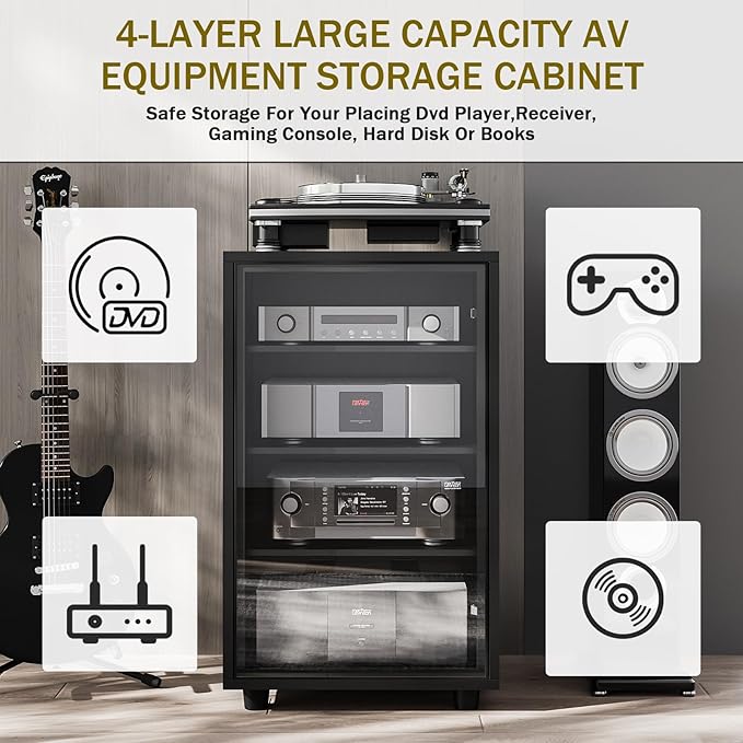 Grufle Media Storage Cabinet, Audio Video Media Stand Cabine with 3 Height-Adjustable Shelves, AV Cabinet Audio Rack with Glass Door and Cable Management for Living, Gaming, Recording Room (Black)