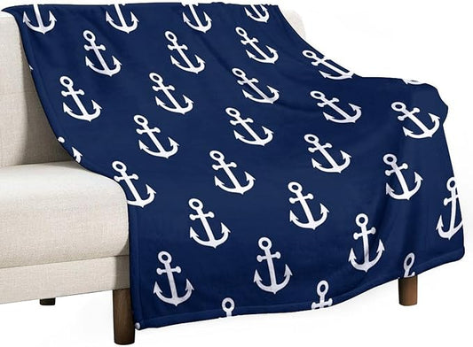 Anchor Blanket Vintage Rustic Ocean Nautical Style Navy Blue White Soft Cozy Lightweight Throw Blanket for Kids Girls Boys Women Men Bedroom Living Room Dorm Chair Sofa Travel 70x80in