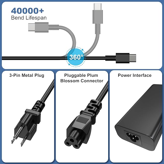 QIOUZW 2025 New Slim 65W 60W USB C Laptop Charger Compatible with Dell Latitude 5420 5440 5520 7420 7370 7275 XPS 13 9360 9365 9370 9380 Chromebook 3100 3400 Type C AC Adapter Power Supply Cord