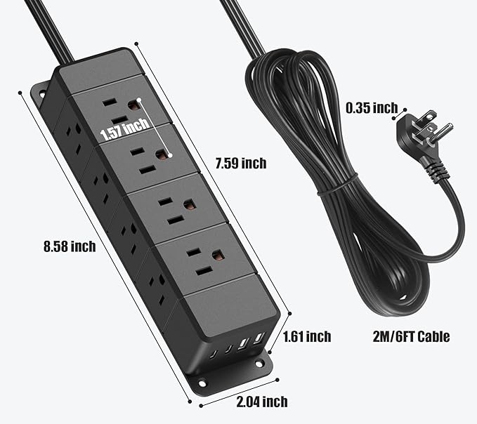 40W Fast Charging Under Desk Power Strip with Switch,12 Outlet Mountable Power Strip with 4 USB,1200J Surge Protection,6FT Flat Extension Cord Black