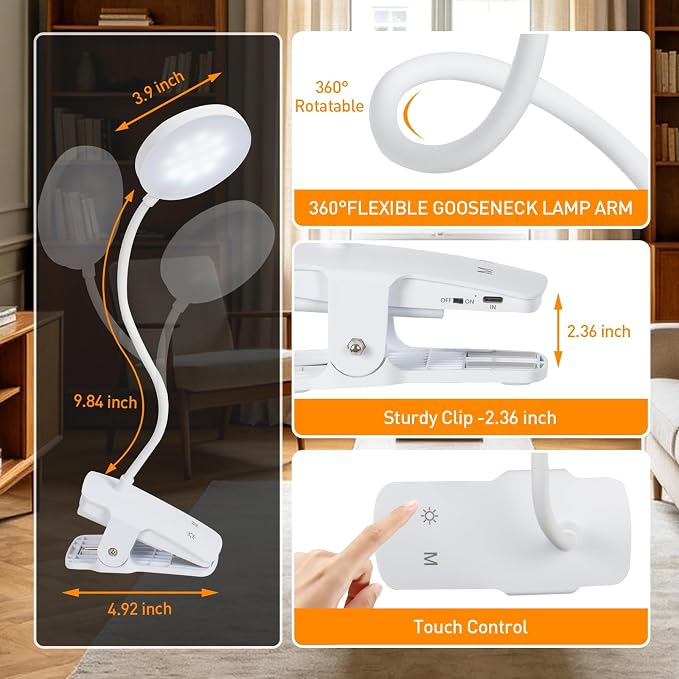 Cordless Rechargeable Clip On Desk Lamp Thick Flexible 360° Gooseneck | 450 - Image 2