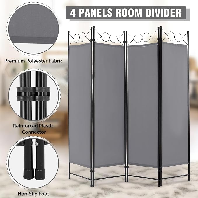 4 Panel Room Divider 6FT Steel Frame Screen Folding Privacy Divider - Image 5