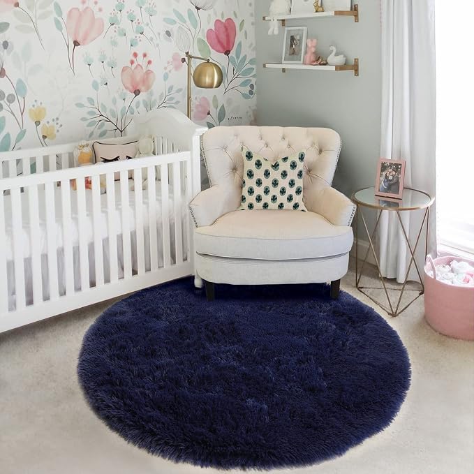 Amdrebio Dark Navy Blue Round Fluffy Area Rug 5Ft - Image 7