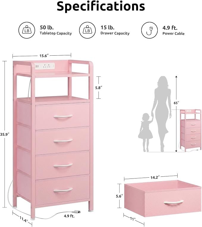 Lazzanto Nightstand with Rear Charging Station, LED Light, 4 Drawers, 2 USB-A - Image 3