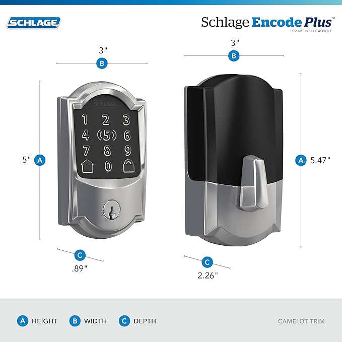 Schlage BE499WB CAM 625 Encode Plus WiFi Deadbolt Smart Lock, Keyless Entry Touchscreen Door Lock with Camelot Trim, Bright Chrome