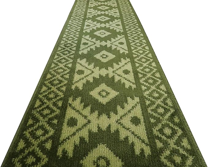 Custom Length Hallway Runner Rug,Slip Resistant,Southwestern Green, 26 Inch X 20 feet, Sold and Priced Per Foot