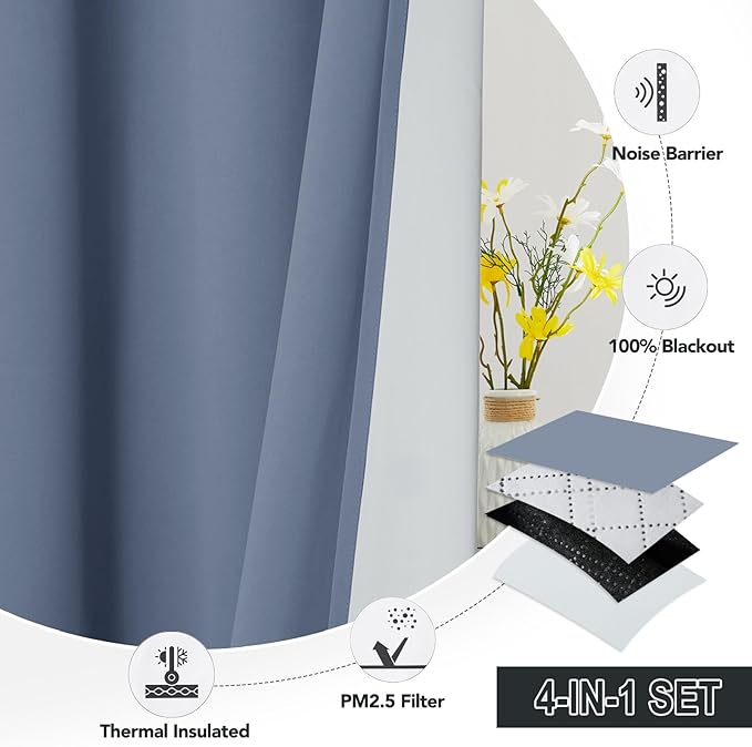 RYB HOME Soundproof & Dust Particle Filtering Curtains Blackout Window Treatment for Bedroom Living Room Divider Nursery Daytime Sleeping Patio Door, Stone Blue, W52 x L 102 inch, 2 Panels