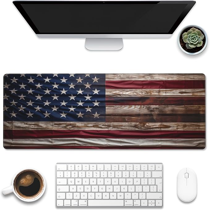 Eflxamz Large Gaming Mouse Pad for Desk,Wooden American Flag Desk Mat,Wooden USA Flag Desk Pad,Extended Big Computer Keyboard Mouse Pad with Non-Slip Base and Stitched Edge,31.5"x11.8"