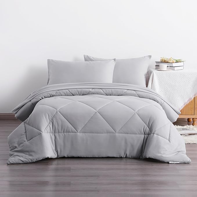 5-Piece Twin Comforter Set with Sheets – Soft and Breathable All-Season Twin Bed in a Bag, Down Alternative Comforter Set for Kids or Teens, Light Grey