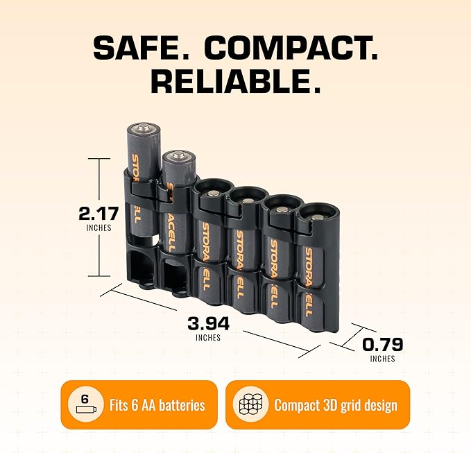 Storacell Slimline AA-6 Battery Storage Caddy and Dispenser, Black, Holds 6 AA Batteries (Not Included), Durable & Compact Design, The Original Battery Caddy, Made in The USA