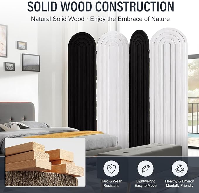 4 Panel Arched Room Divider Screen Folding Privacy Screen, Mix | Paulownia Wood - Image 3