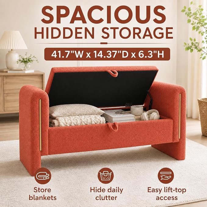 52" Upholstered Storage Bench, Wood Frame | Mid-century storage ottoman bench - Image 7