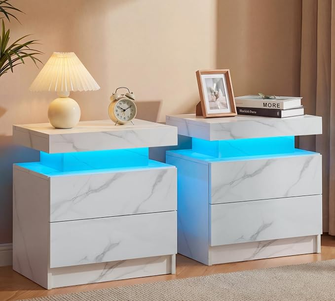 White Modern LED Nightstand Set of 2 by Unknown