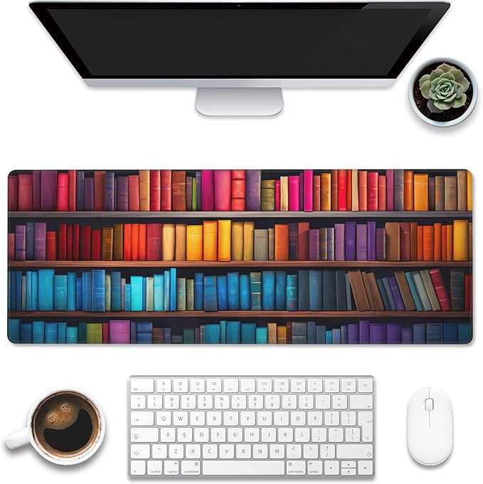 Eflxamz Large Gaming Mouse Pad for Desk,Bookshelves Full of Books Desk Mat,Colorful Books Desk Pad,Extended Big Computer Keyboard Mouse Pad with Non-Slip Base and Stitched Edge,31.5"x11.8"