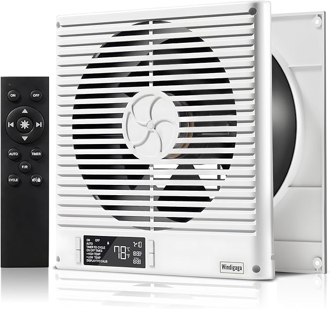 Windigaga 8" Room to Room Fan with Remote, 320CFM Through Wall Air Transfer Fan with Temperature Control, Reversible Airflow Design, 10 Speeds, Quiet Balance Exhaust Vent for Bedroom, Laundry,Kitchen
