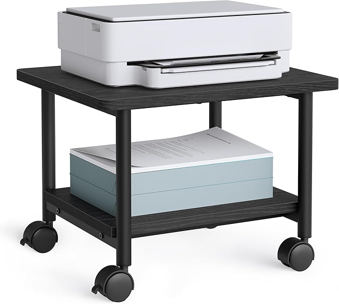 VASAGLE Heavy-Duty Printer Stand with Locking Wheels, 2-Tier Industrial Mobile Cart with Storage Shelf, Under Desk Printer Table for Home, Office, 13.4" Height, Ebony Black UOPS02B
