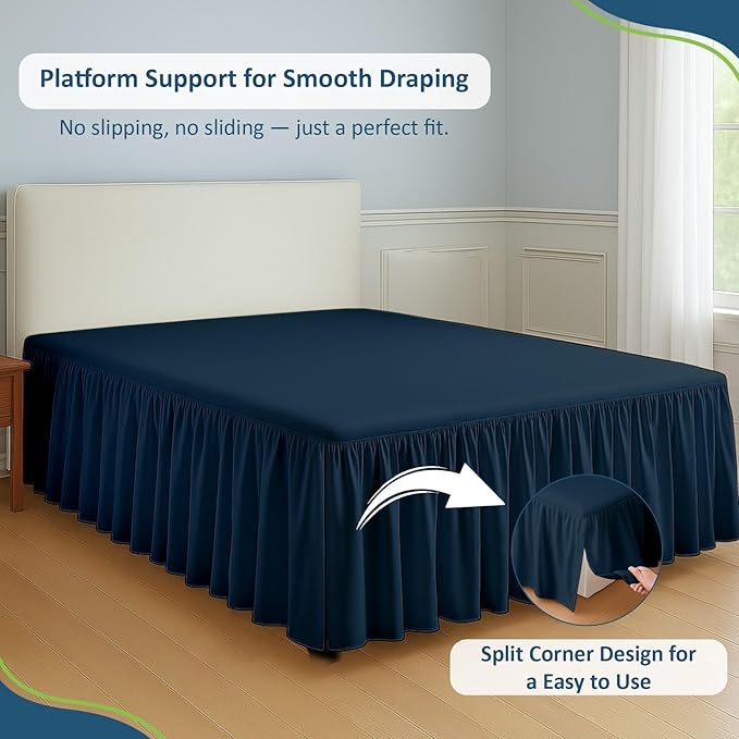Rajlinen Ruffled Bed Skirt Full XL, 24 Inch Drop Dust Ruffle with Split Corners, 100% Microfiber Bedskirt with Platform, Three-Sided Coverage Ruffled Gathering Design, Navy Blue