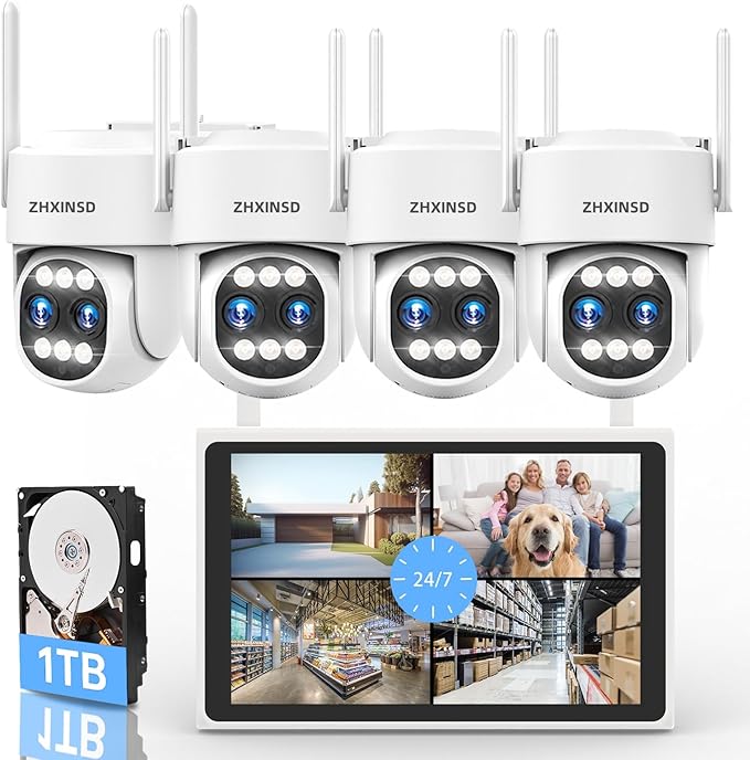 ZHXINSD 4K Security Camera System Wireless, Dual Lens 4MP+4MP 10X Zoom 2.4G/5G PTZ Cameras for Outdoor Home Security, Auto Tracking, 10” Monitor NVR Pre-Installed with 1TB HDD, 24/7 Record