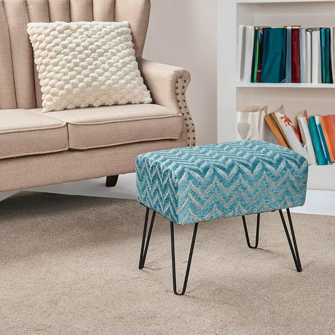 Home Soft Things Blue Jacquard Chenille Ottoman, Arusha - Image 9