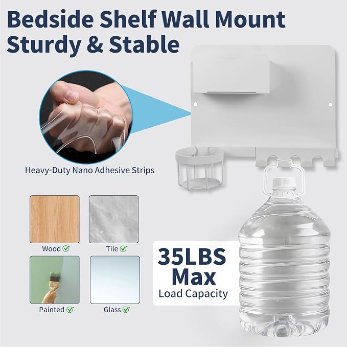 Metal Bedside Wall Shelf, No Drill, - Image 6