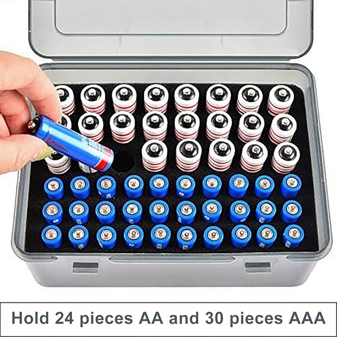 OEAYA Battery Organizer, Portable Battery Box with Buffer Sponge, Heavy-duty Plastic Storage Case for 54 Batteries AA AAA,(Batteries are Not Included) (Dark Gray)