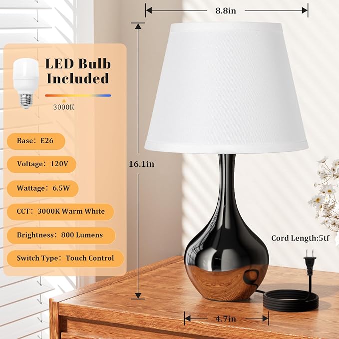 16.1" Touch Table Lamp for Nightstand, 3 Way Dimmable Small Bedroom Lamp | - Image 5