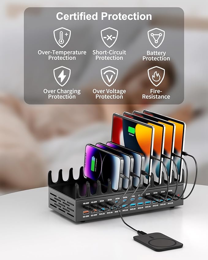 380W Charging Station for Multiple Devices - 24 Ports USB Fast Charging Station with 30W Power Delivery, Multi Charger Dock for Phone Tablet, Home, Office, School