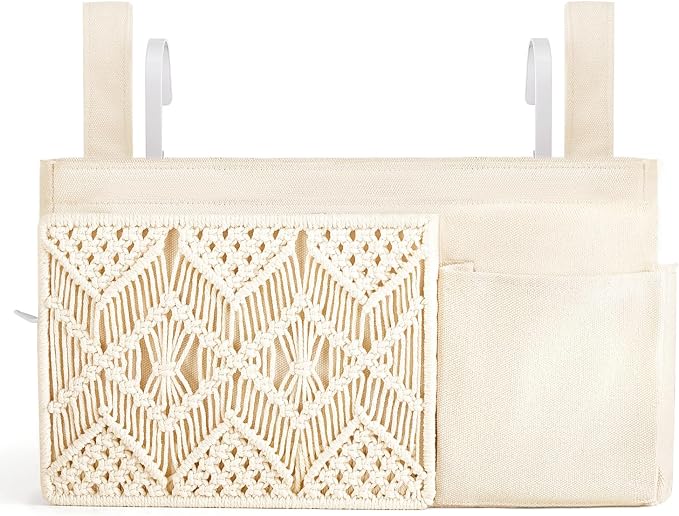 Mkono Bedside Caddy, Macrame Hanging Organizer, 4 Pockets Ivory Metal Hooks | by Mkono