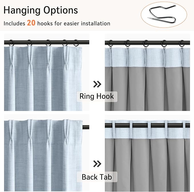 Pinch Pleated Full Blackout Faux Linen Curtains 84 Inches Long | Chambray Blue - Image 3