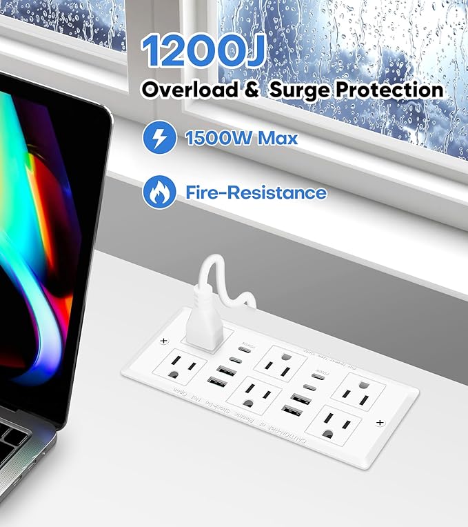 Recessed Power Strip with 45W USB C, Furniture Desk Flush Mount Outlet, Ultra Thin Flat Plug Power Strip, 6 Outlets & 8 USB Ports, 3FT Cord (White)